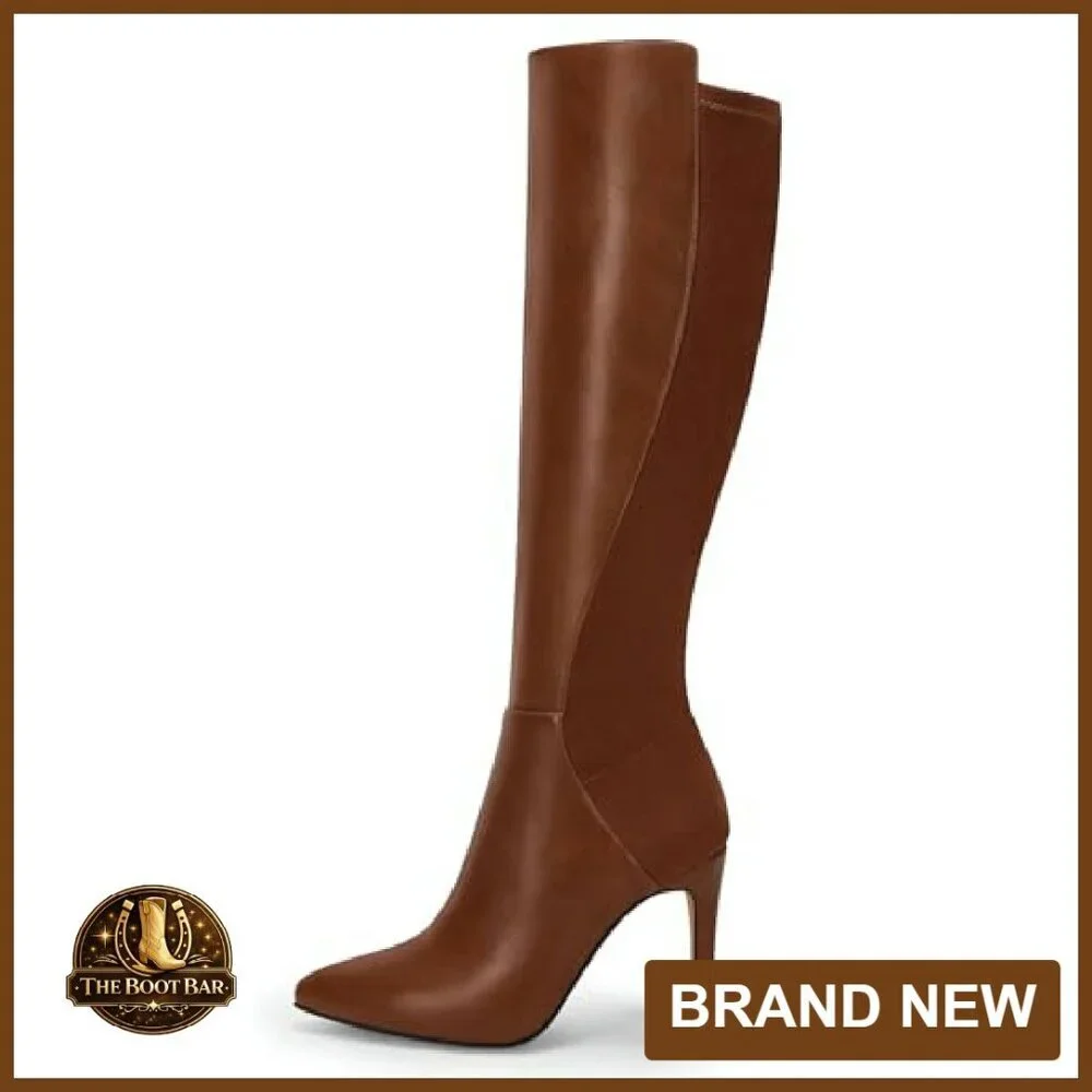 Knee High Boots Pointed Toe Stiletto Heel Leather Zipper Dress Shoes - Picture 5 of 8